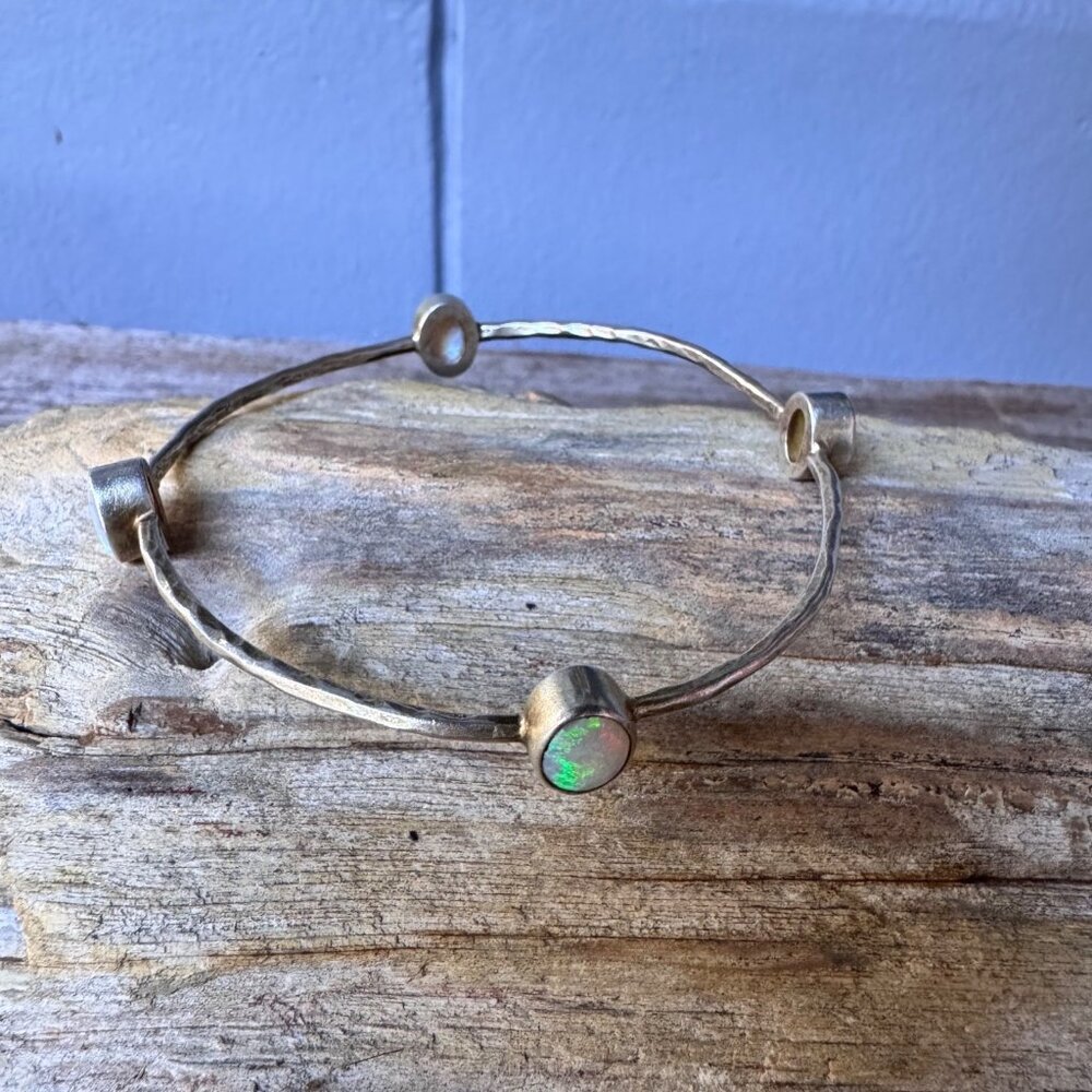 Sterling Silver 925 Opal Bangle Bracelet Hammered Artisan Modern Bezel Set